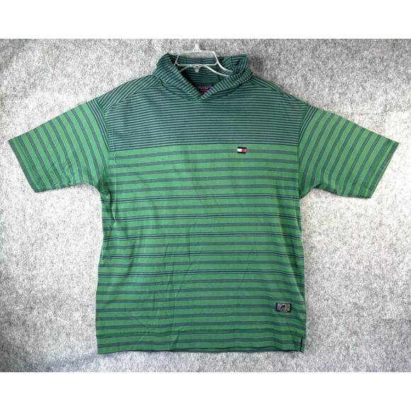 Vintage Tommy Hilfiger Shirt Men's Size XL Green Striped Hooded Short Sleeves - Picture 1 of 7